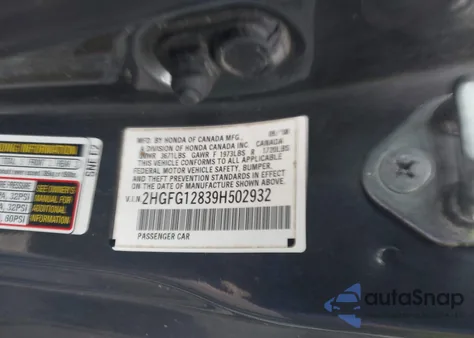 2009 Honda Civic Ex z USA, uszkodzony, nr VIN 2HGFG12839H502932